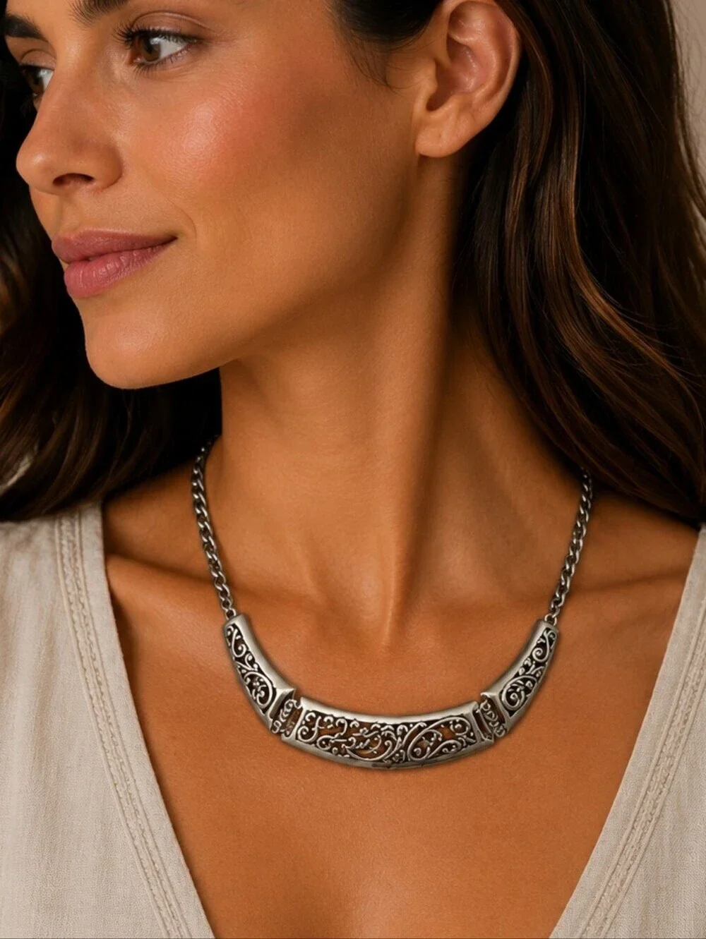 BRIGHTON Silver Plated Deco Lace Scroll Bib Chain Castlecore Necklace